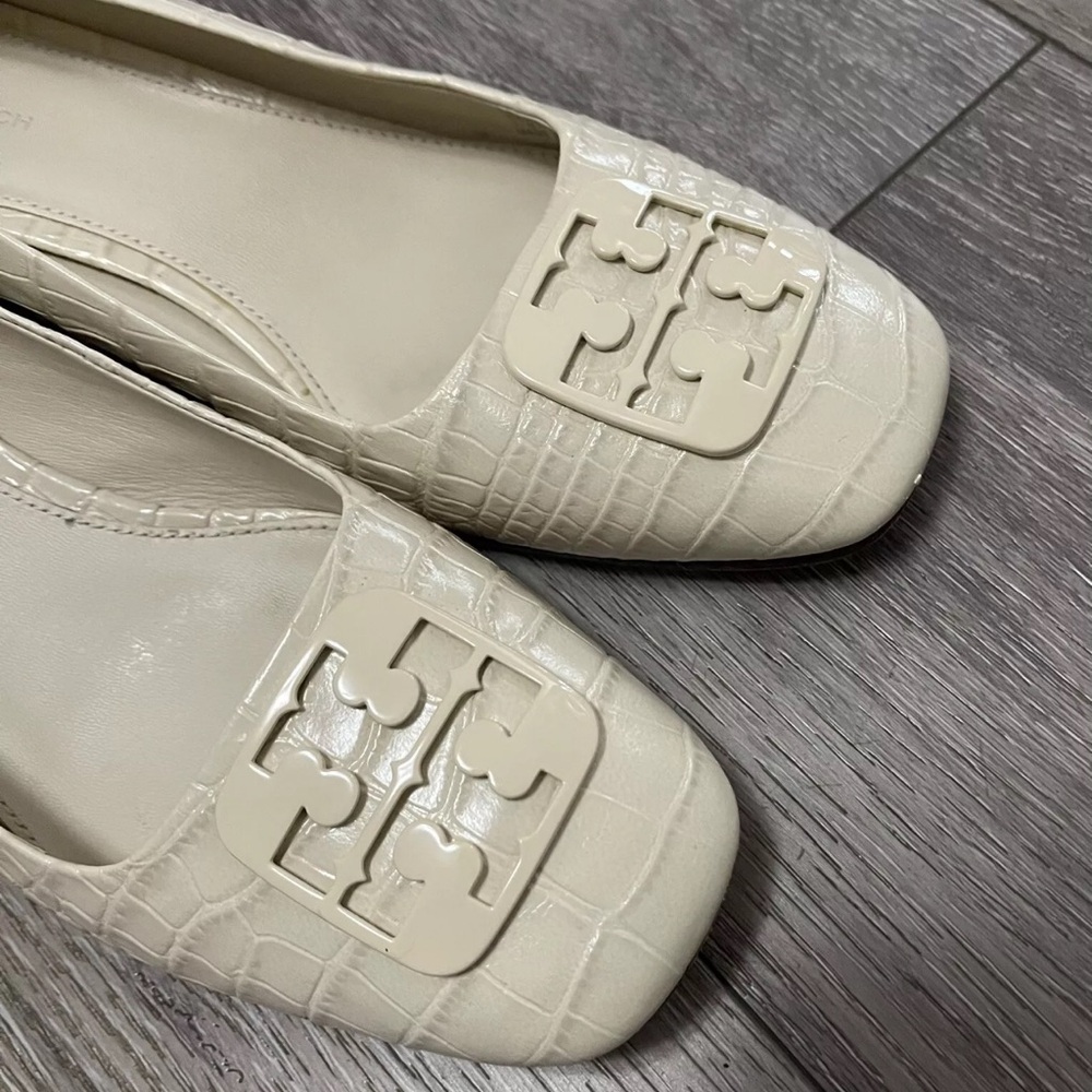 $348 Tory Burch Georgia Ivory Croc Embossed Square Toe 25mm Block Heel Pumps 9M - Picture 7 of 15